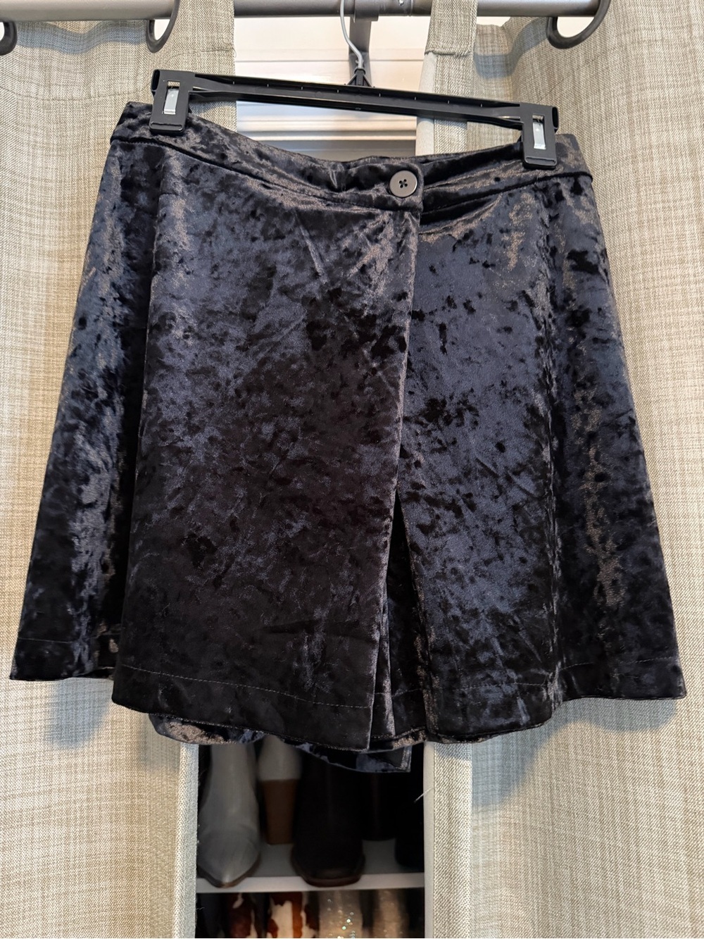 Black Tape_ Black Crushed Velvet Skort with Button Front